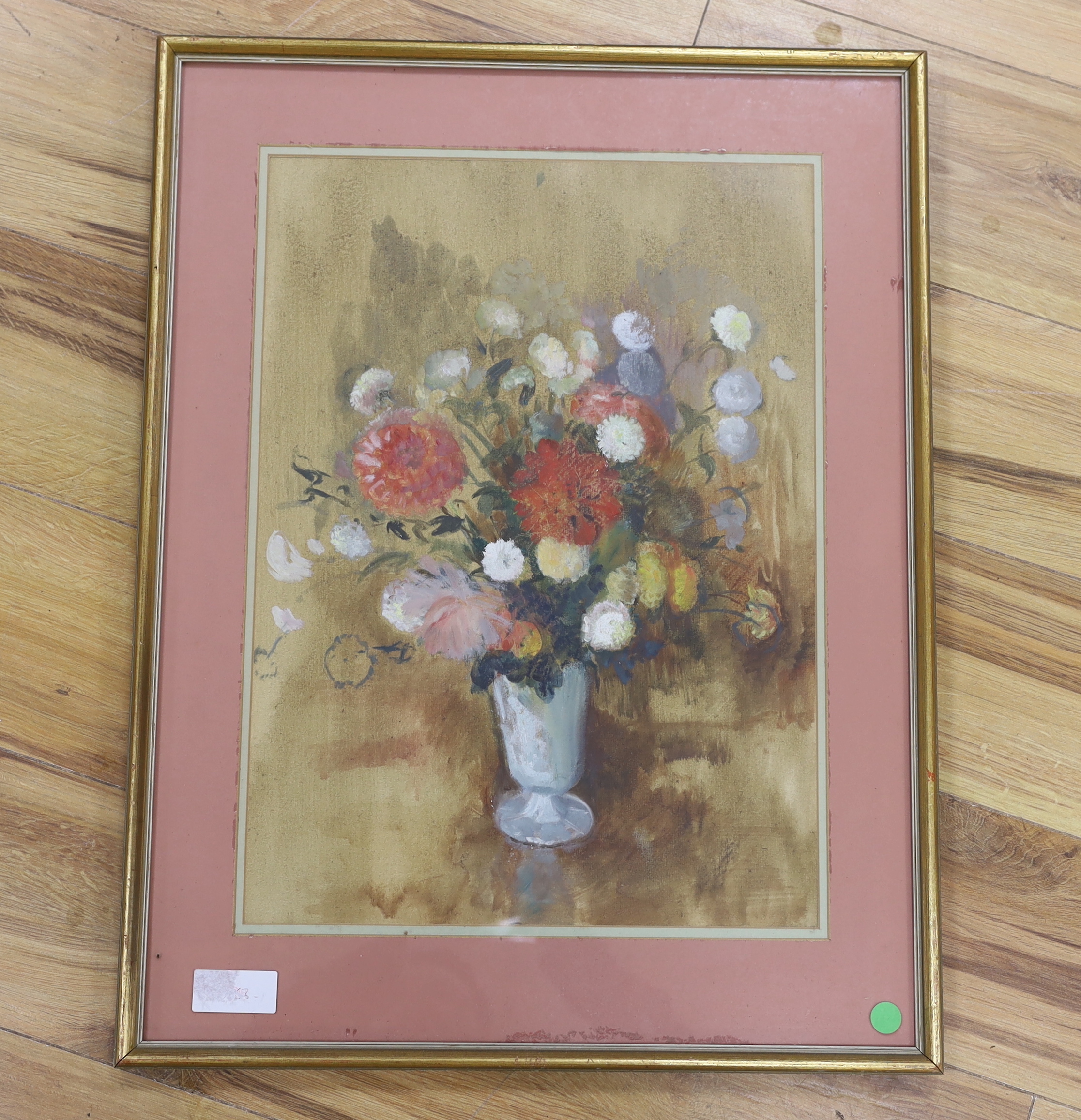 Diana Lowenstein, watercolour and pastel, 'Vase with flowers 1959', Upper Grosvenor Galleries label verso, 49 x 35.5cm